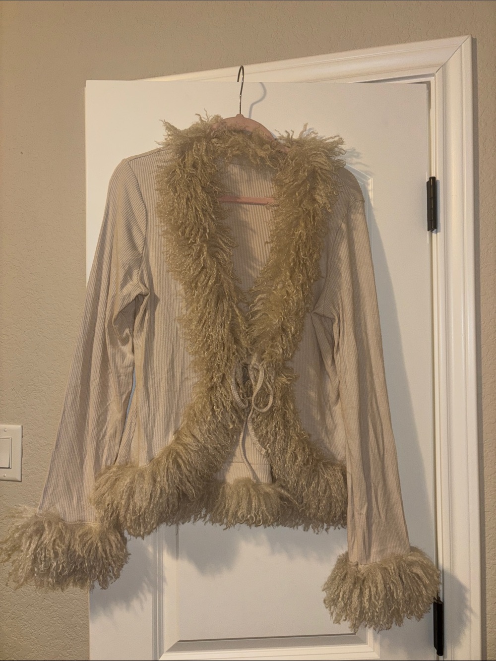 SHEIN Beige Faux Fur Trim Open-Front Cardigan